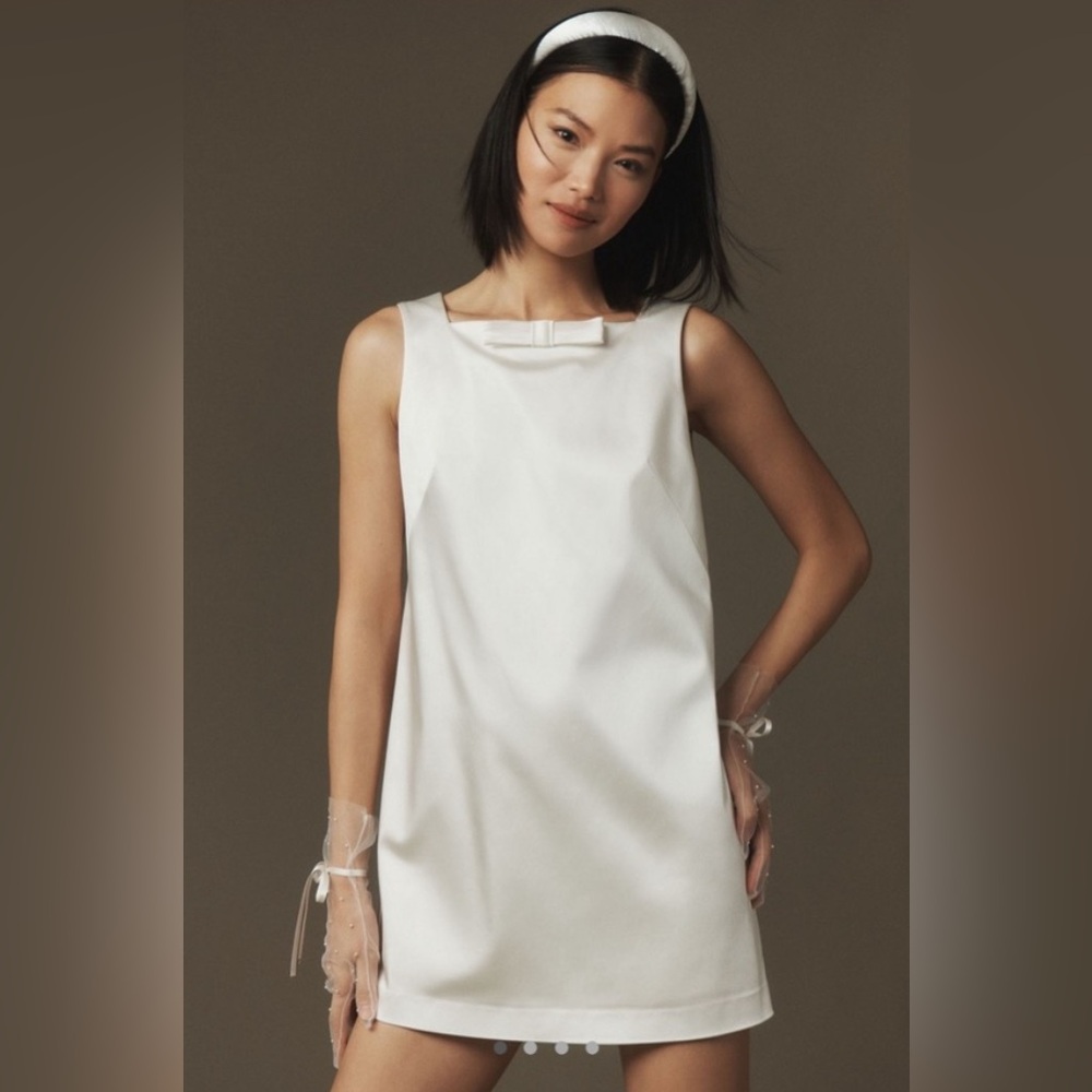 BHLDN Ivory Satin Mini Shift Dress with Bow